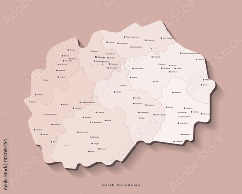 Vector illustration. Simplified administrative map of North Macedonia. Brown background, beige shape of Macedonia. Names of cities and regions