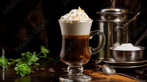 Irish coffee stock image, Isolated on black background 