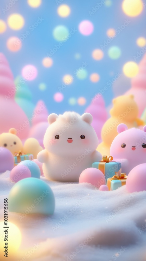 Adorable plush toys in a pastel winter wonderland with colorful lights, AI Adorable plush toys in a pastel winter wonderland with colorful lights, AI
