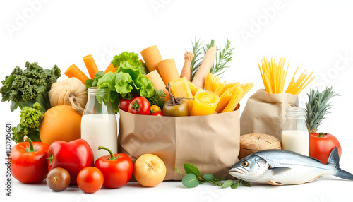 Healthy food background. Healthy food in paper bag fruits, vegetables, milk, pasta and fish on white background. Shopping food supermarket concept, meal and nutrition plan. Copy space isolated with 