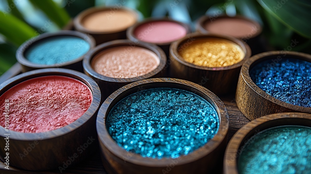 Tropical Vividness CloseUp of Coral Blushes Golden Highlighters Wooden Trays Enhanced by Soft Natural Lighting Tropical Vividness CloseUp of Coral Blushes Golden Highlighters Wooden Trays Enhanced by Soft Natural Lighting
