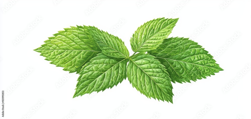 A sprig of fresh mint leaves, vibrant and textured, isolated on a clean white surface A sprig of fresh mint leaves, vibrant and textured, isolated on a clean white surface