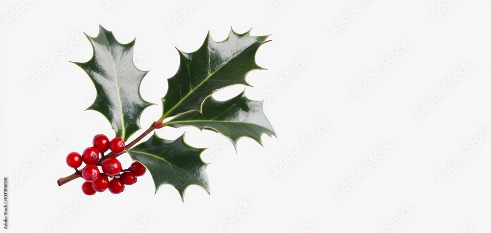 Fototapeta premium A sprig of holly with bright red berries and dark green, spiked leaves, isolated on a white background
