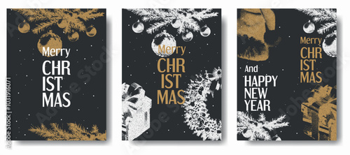 Set of greeting cards with the effect of grain and dotted lines. Festive Christmas background, design of an advertising banner, a flyer in silver-gold tones on a black background. Vector.