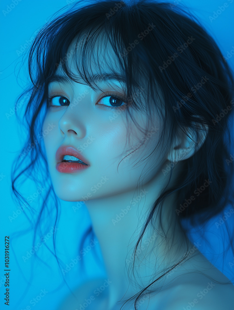 Fototapeta premium A young Korean woman poses gracefully with soft makeup against a serene blue backdrop, capturing a moment of tranquility and elegance