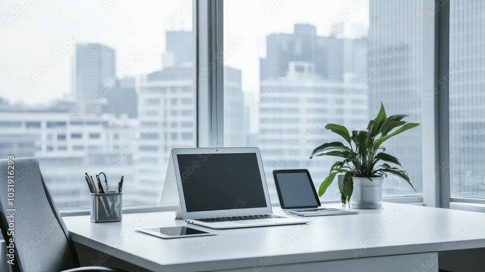 Modern Office Workspace with Technology and City View Modern Office Workspace with Technology and City View