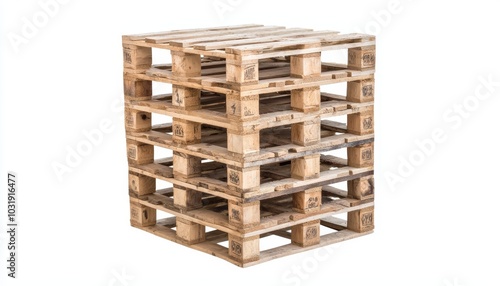 A stack of wooden pallets, slightly weathered, isolated on a white background