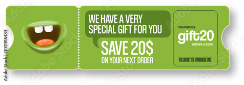 Vector green Gift Voucher with Coupon Code And Cute Funny Monster Character. Kawaii Design with Happy Face Emoji. Green Discount Offer Graphic with Promo Code for restaurant and cafe.