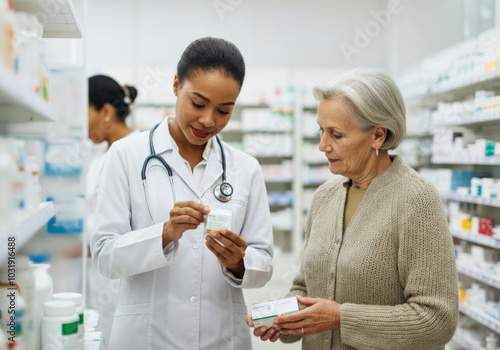 Pharmacist assisting an elderly woman with medication advice in a well-stocked pharmacy during daylight hours photo