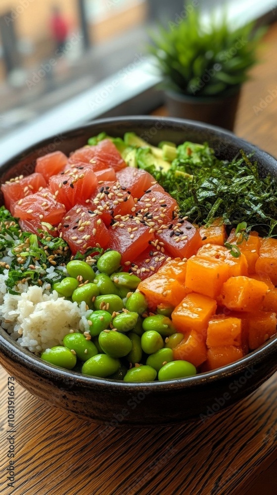 A vibrant poke bowl with fresh fish. A vibrant poke bowl with fresh fish.