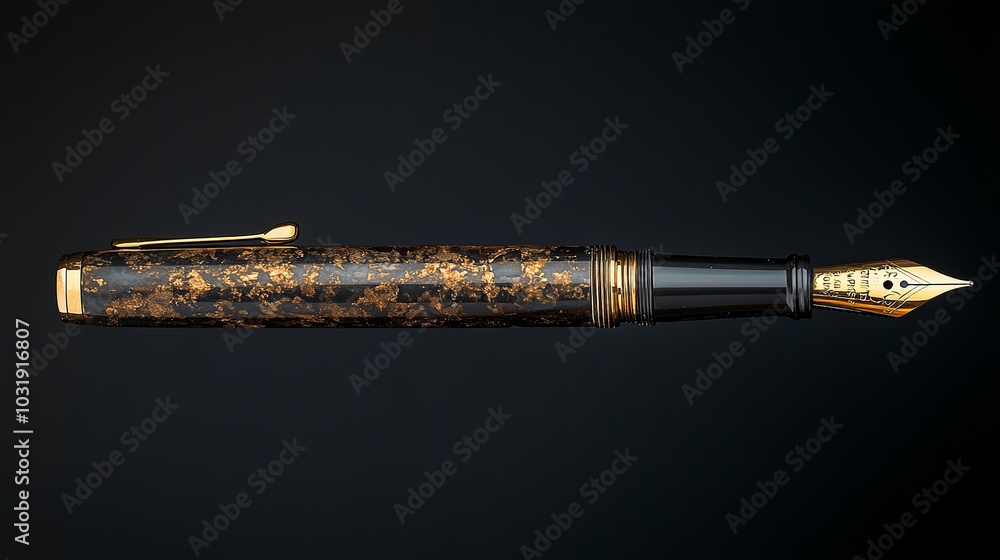 An antiquated fountain pen rests against an obsidian backdrop, its polished surface reflecting the dim light. Golden accents adorn its sleek profile An antiquated fountain pen rests against an obsidian backdrop, its polished surface reflecting the dim light. Golden accents adorn its sleek profile