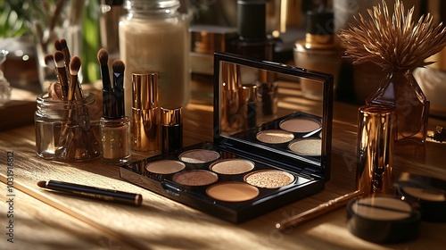 Makeup closeup display earthy tones showcasing warm bronzers golden eyeshadows deep berry lip tints on a natural wood platform with soft sunlit highlights and ambient warmth photo