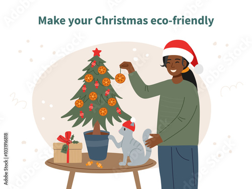 Sustainable Christmas concept. Woman decorating potted Christmas tree. Eco friendly Christmas.