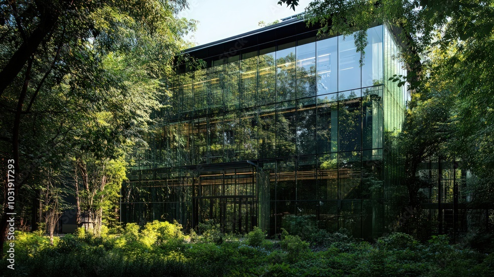 An energy-efficient glass building surrounded by a thriving urban forest, supporting the green movement An energy-efficient glass building surrounded by a thriving urban forest, supporting the green movement