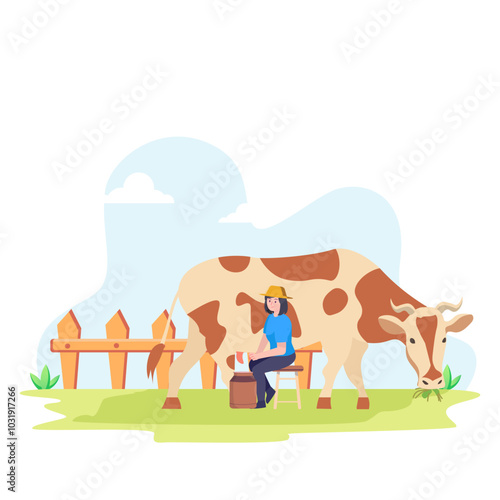 Woman agricultural worker cow milking with bucket full of milk vector flat illustration