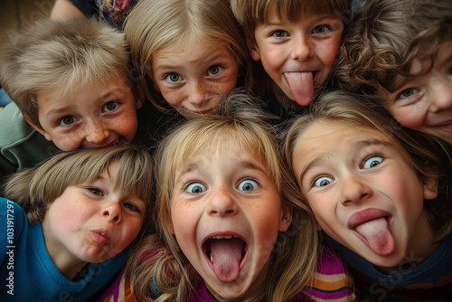 A group of children are posing for a picture, with one girl making a tongue out