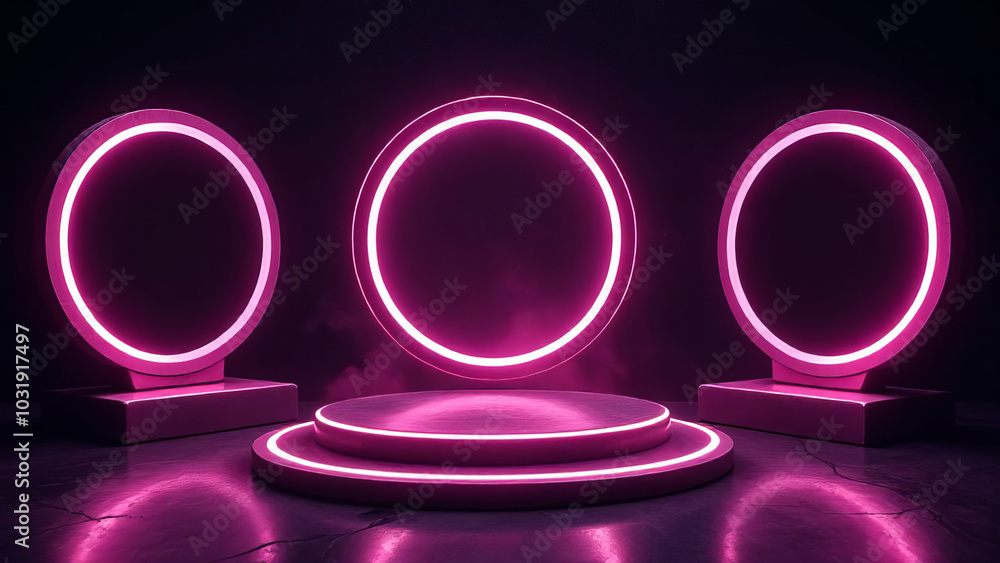 Pink holograms. Round light teleports with glowing mist and shimmering particles, futuristic laser rings. Pink holograms. Round light teleports with glowing mist and shimmering particles, futuristic laser rings.