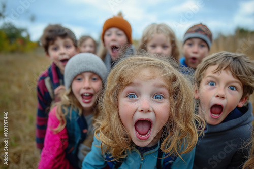 A group of children are standing in a field