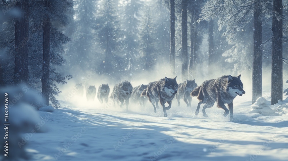 A pack of wolves runs through a snowy forest, their fur blending with the white landscape. The sun shines through the trees, casting long shadows. A pack of wolves runs through a snowy forest, their fur blending with the white landscape. The sun shines through the trees, casting long shadows.