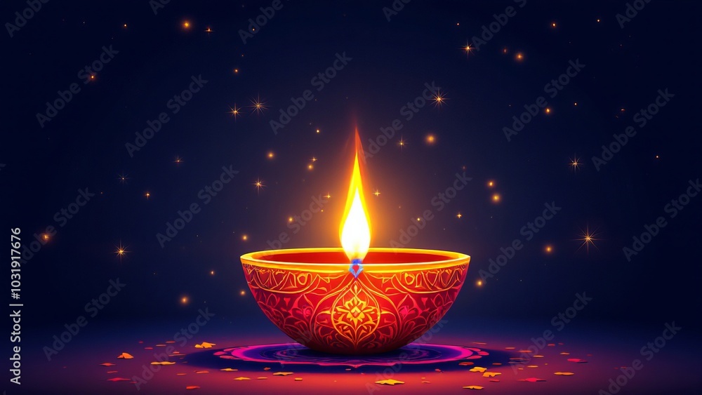 Illuminated Diwali Oil Lamp with Glowing Stars in the Night Illuminated Diwali Oil Lamp with Glowing Stars in the Night