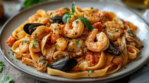 Delicious seafood pasta with shrimp and mussels.