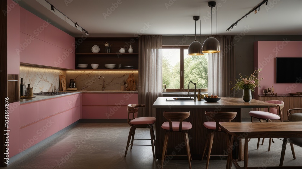 Modern kitchen with pink cabinets, a large island, and a dining table. Modern kitchen with pink cabinets, a large island, and a dining table.