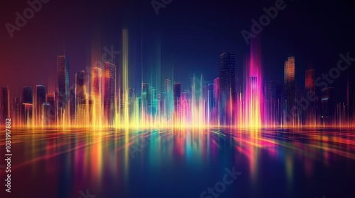 A futuristic cityscape with neon lights reflecting in a water body.