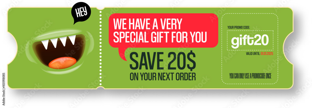 Vector green Gift Voucher with Coupon Code And Cute Funny Monster ...