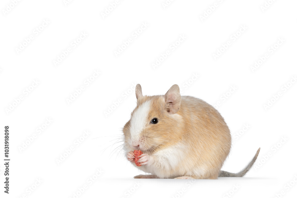 Close up from adult sand piebald degu, standing side ways with food in paws. Looking towards camera. Isolated on a white background. Close up from adult sand piebald degu, standing side ways with food in paws. Looking towards camera. Isolated on a white background.