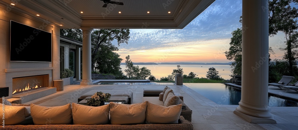 Obraz premium Modern patio with comfortable seating and a fireplace overlooking a swimming pool and lake at sunset.