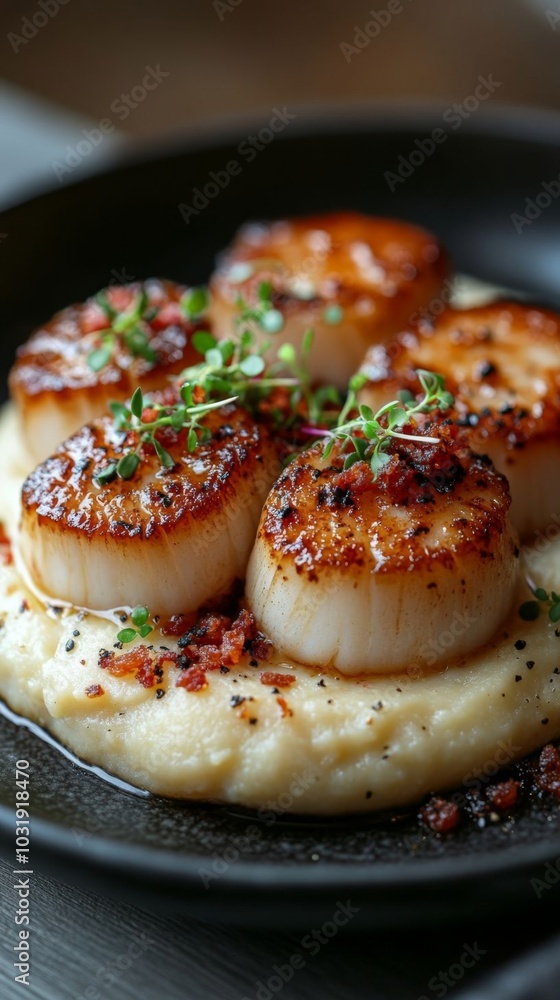 Beautifully plated seared scallops with herbs. Beautifully plated seared scallops with herbs.
