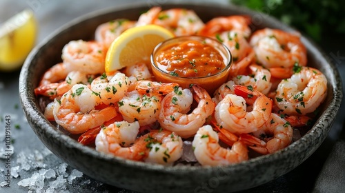 A vibrant shrimp cocktail served cold.