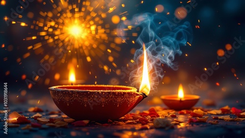 Diwali Celebration with Lit Diyas and Vibrant Fireworks Display