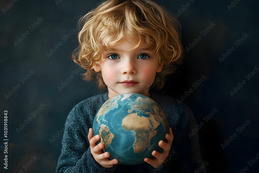 Child's Hope: A portrait of a cherubic toddler with golden curls holding a miniature globe, conveying a message of environmental awareness and global responsibility. Child's Hope: A portrait of a cherubic toddler with golden curls holding a miniature globe, conveying a message of environmental awareness and global responsibility.