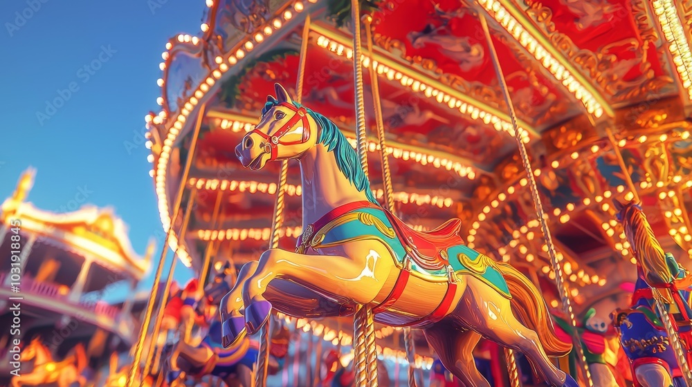 a classic Oktoberfest carousel, with vivid reds, blues, and yellows spinning under a bright sky a classic Oktoberfest carousel, with vivid reds, blues, and yellows spinning under a bright sky