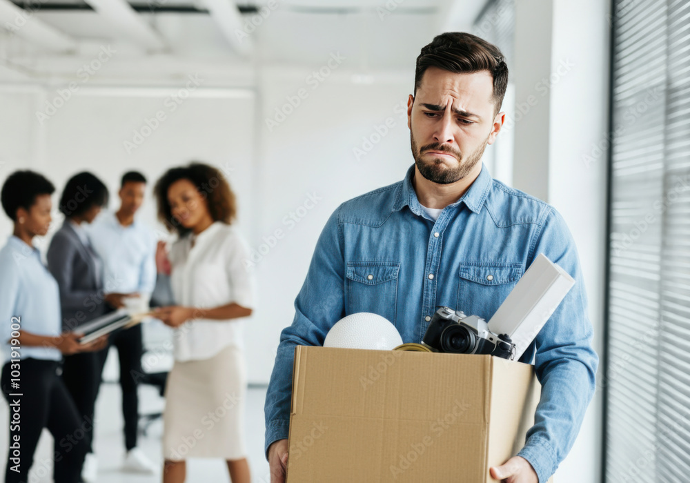 Employee leaving office while carrying box of personal belongings with colleagues in the background Employee leaving office while carrying box of personal belongings with colleagues in the background