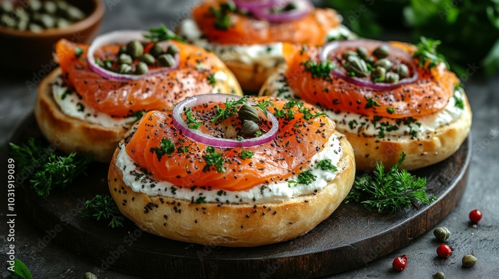 Bagels topped with smoked salmon and herbs. Bagels topped with smoked salmon and herbs.
