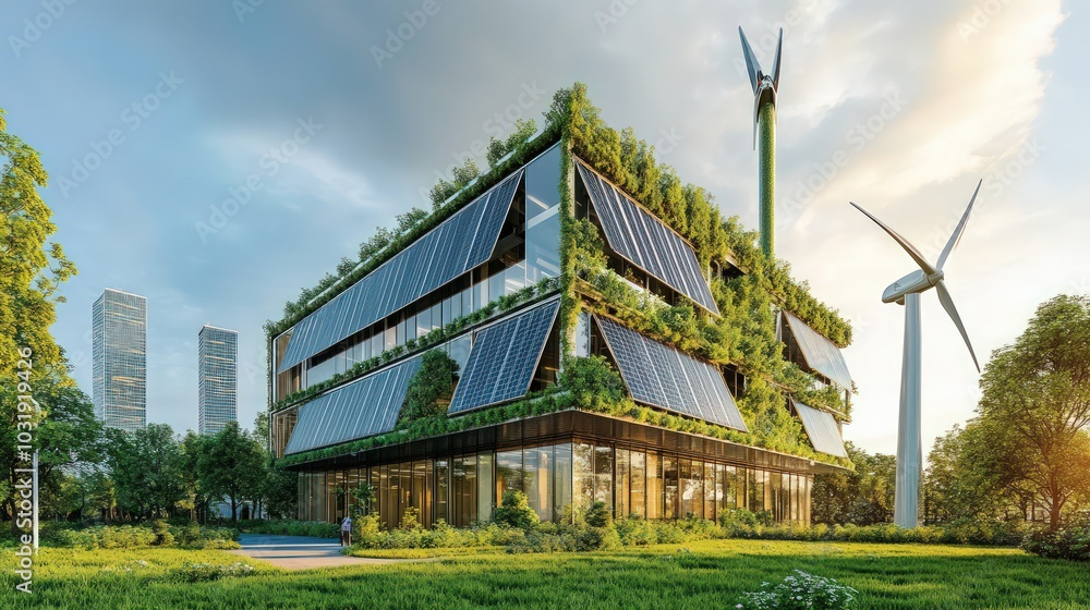 An office building with integrated wind turbines and solar panels, showcasing advanced green design and energy efficiency An office building with integrated wind turbines and solar panels, showcasing advanced green design and energy efficiency
