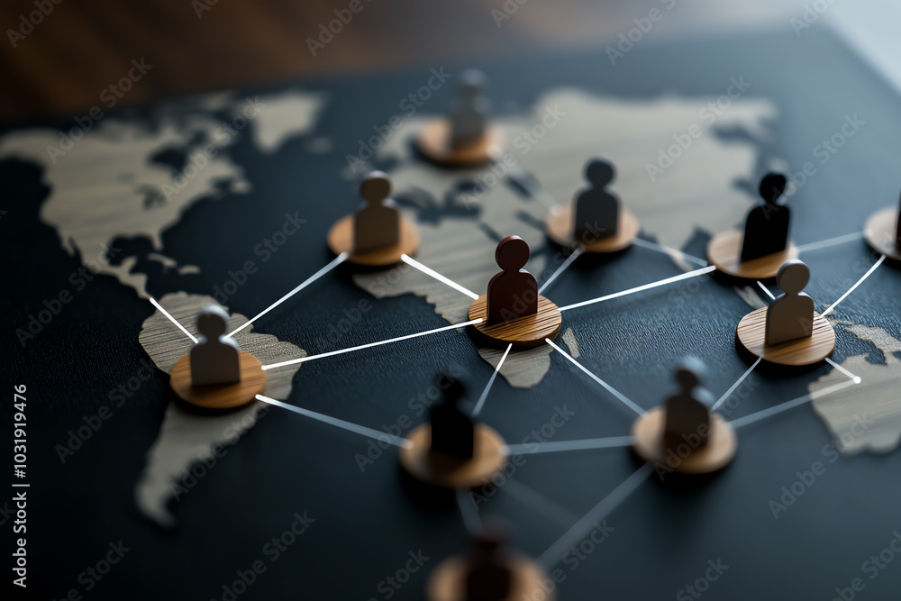 Abstract network connection on a world map with wooden figures representing teamwork and collaboration. Abstract network connection on a world map with wooden figures representing teamwork and collaboration.