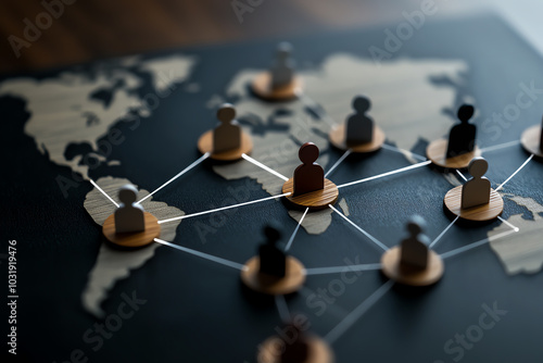 Abstract network connection on a world map with wooden figures representing teamwork and collaboration.