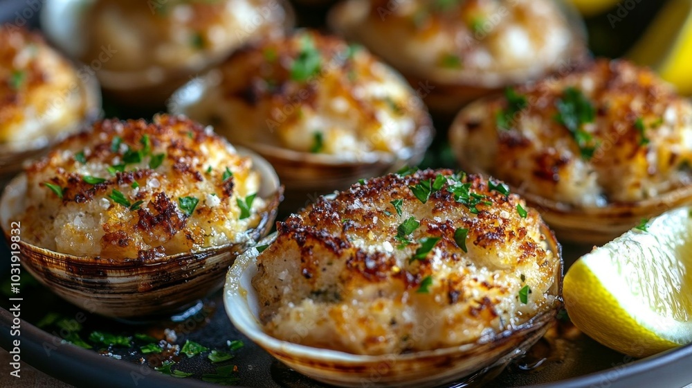 Deliciously baked stuffed clams with herbs. Deliciously baked stuffed clams with herbs.