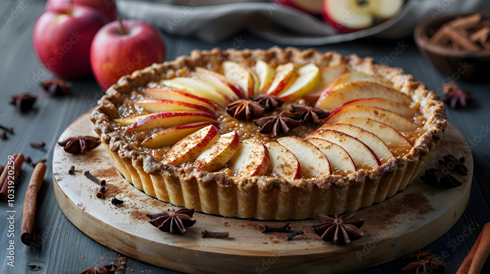 A gourmet apple pie with cinnamon and nutmeg A gourmet apple pie with cinnamon and nutmeg