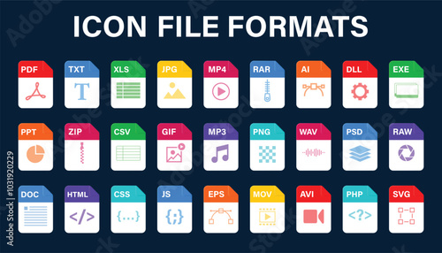 File type icon set. Popular files format and document. Format and extension of documents. Set of graphic templates audio, video, image, system, archive, code and document file. Vector illustration.