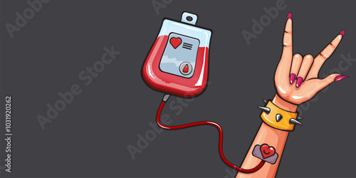 Blood bag with medical sign and woman hand with rock n roll gesture vector illustration. Blood donation graphic concept poster and banner. World blood donor day June 14.
