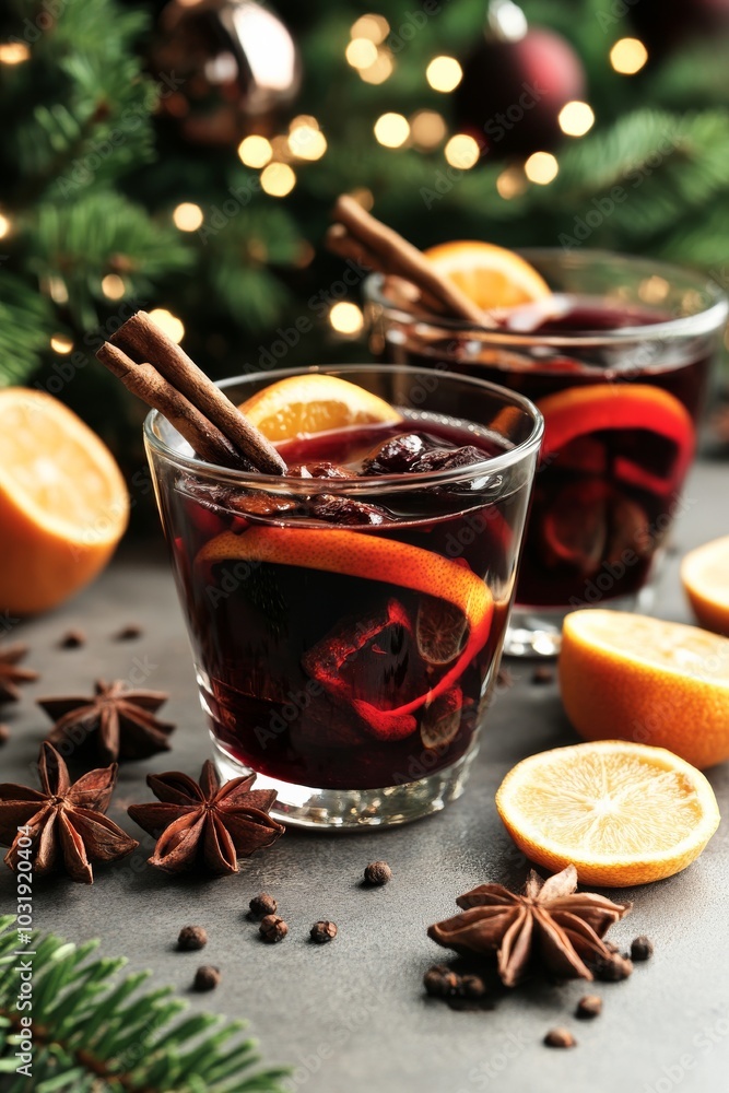 Two glasses of mulled wine with slices of orange, star anise, and cinnamon sticks on a table, surrounded by festive holiday decorations and pine branches. Two glasses of mulled wine with slices of orange, star anise, and cinnamon sticks on a table, surrounded by festive holiday decorations and pine branches.