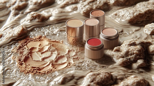 Makeup display elements featuring earthtoned bronzers shimmering waterlike highlighters fiery red lipsticks all arranged in a dynamic natural setting with earthy textures photo