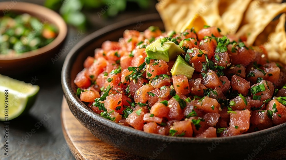 Fresh tuna tartare with avocado and herbs. Fresh tuna tartare with avocado and herbs.