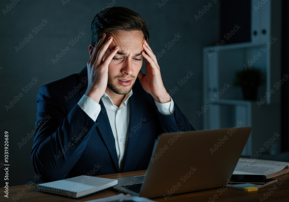 Professionally dressed man experiencing stress while working late at night at his office desk, focused on his laptop and overwhelmed by task Professionally dressed man experiencing stress while working late at night at his office desk, focused on his laptop and overwhelmed by task