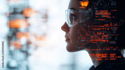 A profile of a woman wearing protective glasses, with digital data overlays, suggesting a high-tech or scientific environment.