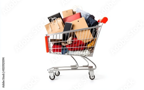 A shopping cart overflowing with electronics, clothes, and accessories, isolated on a white background photo